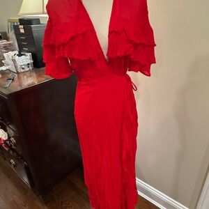 Reformation Red Ruffle Wrap Midi Dress
